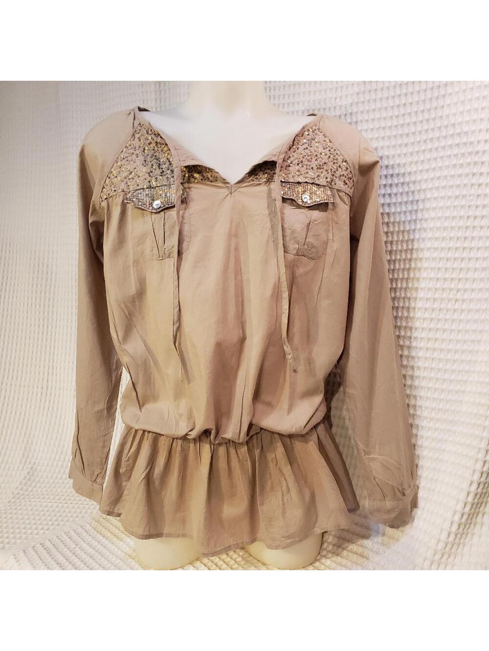 Romeo & Juliet Couture -Tan with Sequin Peplum Top